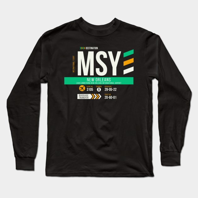 Vintage New Orleans MSY Airport Code Travel Day Retro Air Travel Long Sleeve T-Shirt by Now Boarding